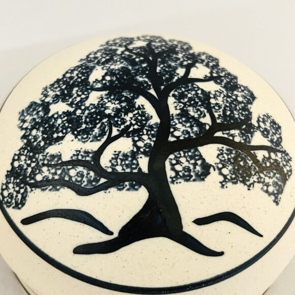 Tree of Life Lidded Trinket Box Vintage Hand Painted Ceramic Cobalt Blue Signed - Picture 10 of 12